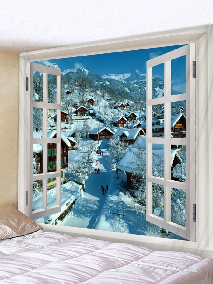 Fake Window Snow Tapestry Wall Home Decoration