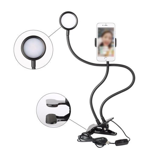 3-Level Brightness Selfie Ring Light Clip with Clamp Mounting Adapter Cell Phone Holder On 360 Rotating For Live Stream Video Chat Flexible Long Arms Clips Lazy Bracket (Black)