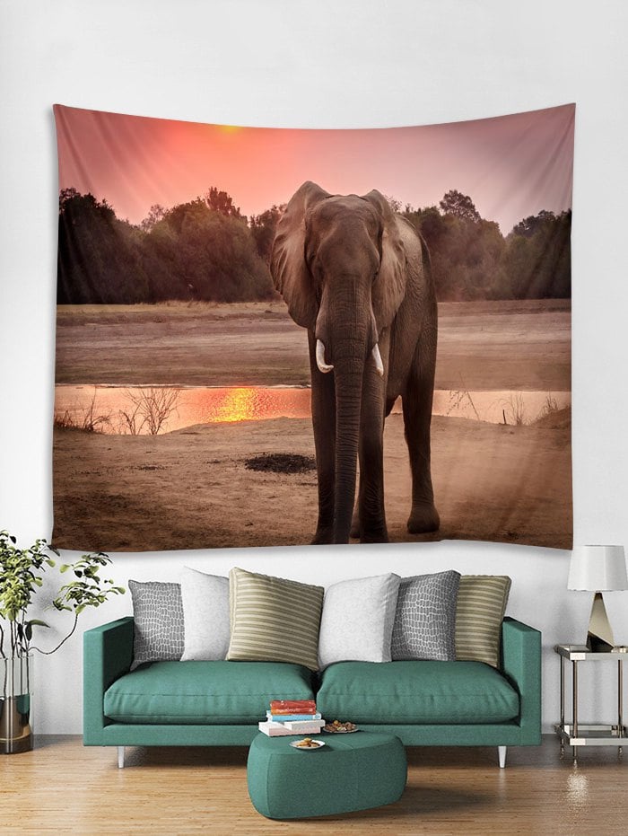 Elephant Walking at Sunset Print Wall Tapestry