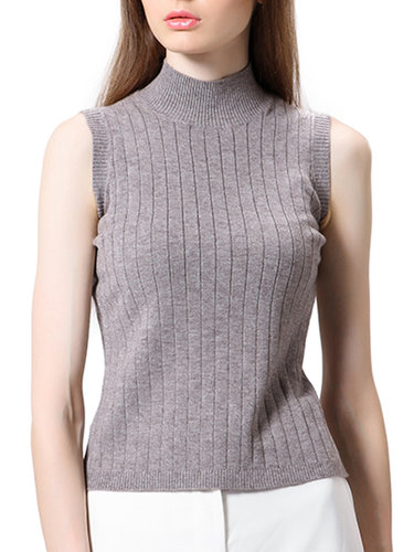 Sleeveless Plain Knitted Casual Turtleneck Sweater