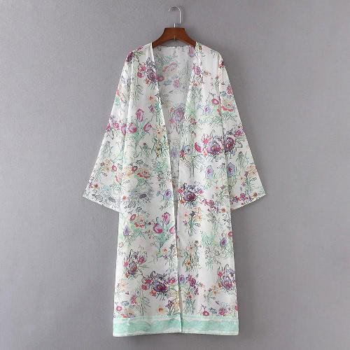 New Women Chiffon Loose Cardigan Open Front Floral Print Long Sleeves Thin Vintage Casual Outerwear Black/White