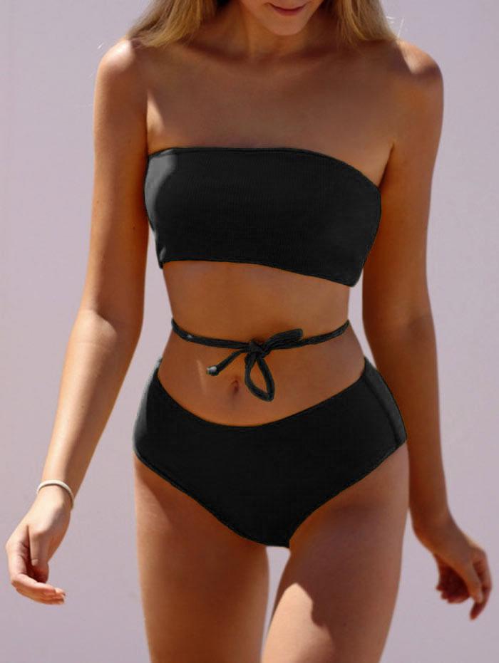 ZAFUL Gewellter Bandeau Bikini-Badeanzug mit Schnürung L Schwarz