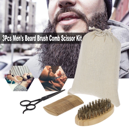 3Pcs Men's Beard Brush Comb Scissor Kit Boar Bristle Shaving Brush + Verawood Beard Comb + Stainless Steel Scissor Male Facial Hair Brush Set