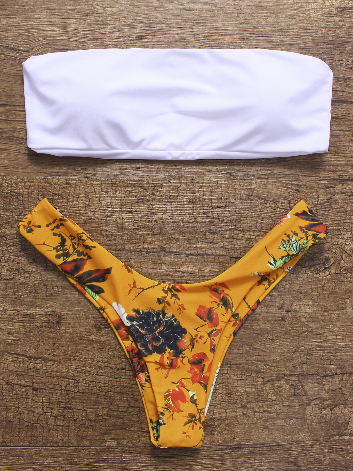 White &Yellow Floral Print Bandeau Bikini