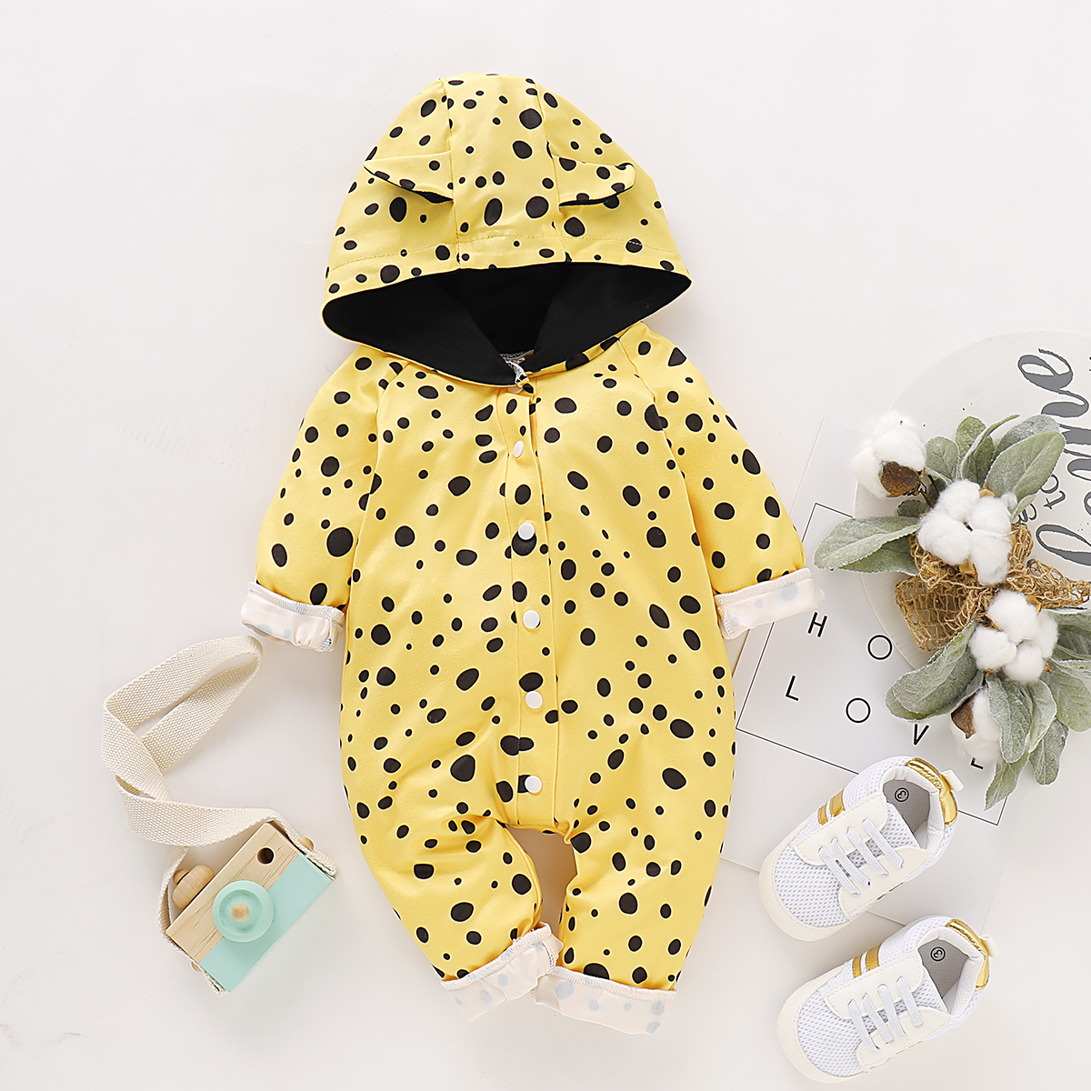 Baby Bright Style Polka Dots Cardigan Design Hooded Long-sleeve Jumpsuit