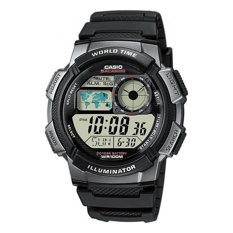 Casio Digital LCD Watch with Chrono, Timer, 5 Alarms, Worldtime, Light etc. - Model Ref AE-1000W-1BVEF
