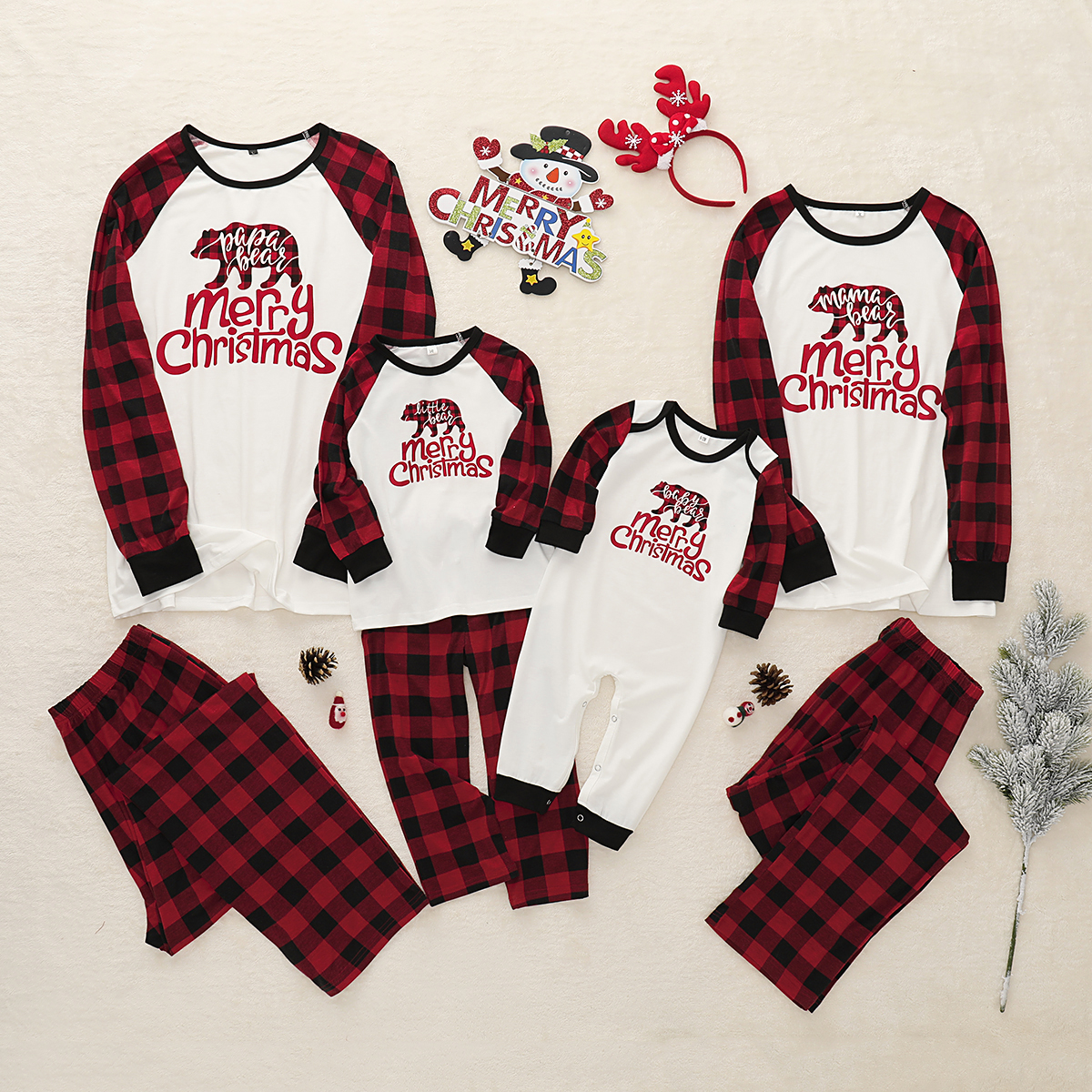 Mosaic Family Matching Bear Print Plaid Pajamas Set