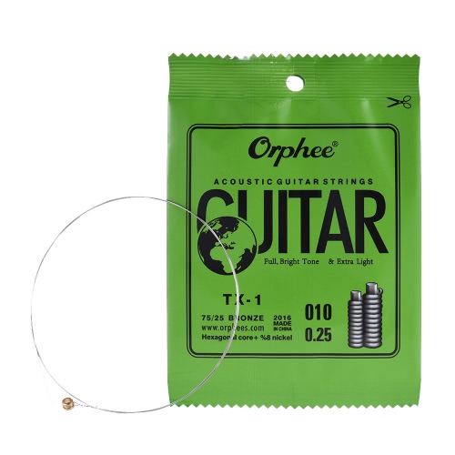 Orphee TX-1 seule chaîne de remplacement pour Folk Acoustic Guitar 1er E-String (.010) 10-Pack haute teneur en carbone Steel Core 75/25 Phosphor Bronze Extra Light Tension