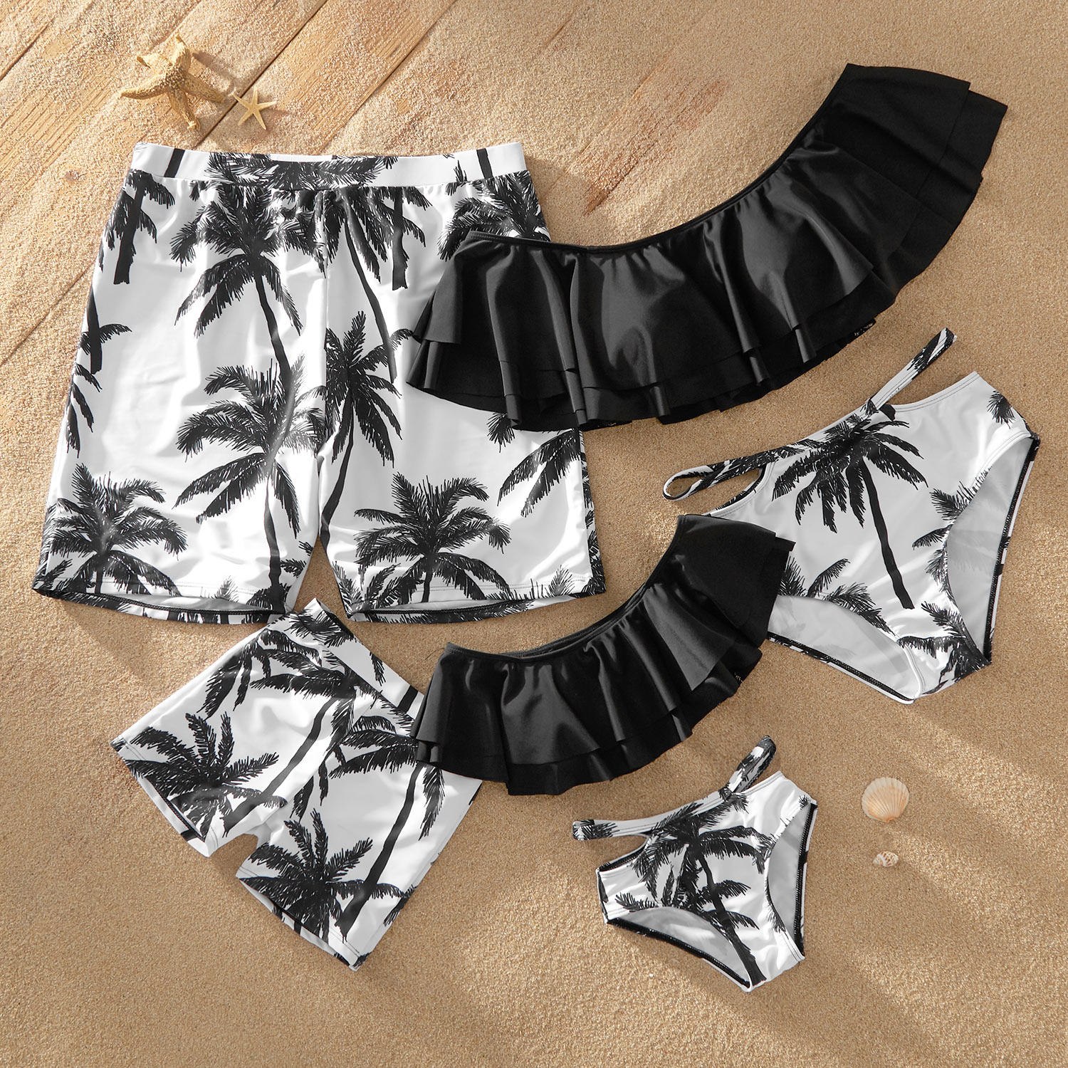 Off-shoulder Flounce Coconut Tree Print Matching Swimsuits