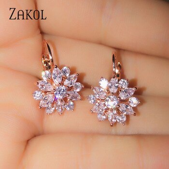ZAKOL Fashion Rose Gold Color Hoop Earrings Flower Cluster Clear Crystal Zirconia Earrings For Women Jewelry Brincos FSEP609