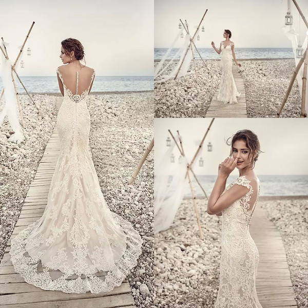 2019 Mermaid Wedding Dresses Eddy K Aires Appliques Lace Gorgeous Sheer Neck and Back Cap Sleeve Vintage Lace Wedding Gowns Custom Made