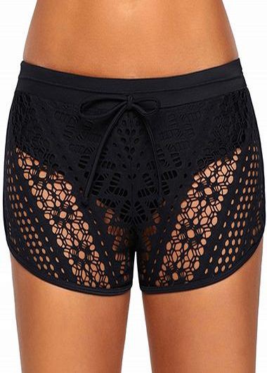 Lace Panel High Waist Black Swimwear Shorts