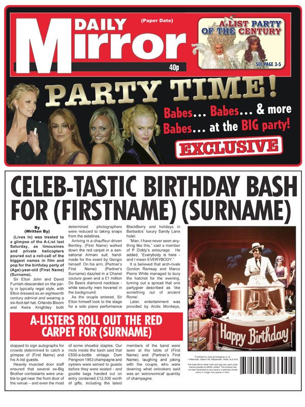 Themed Male Spoof Newspapers Celebrity Birthay Party
