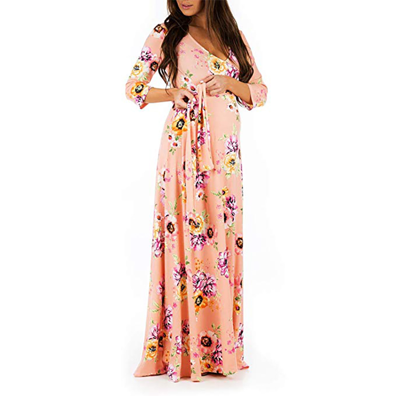 Elegant Floral Print Crop-Sleeve Maternity Maxi Dress