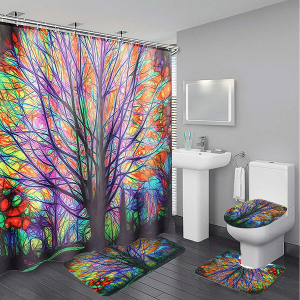 waterproof plant pattern 180x180cm colorful tree bathroom shower curtain with 12 hooks + 3pcs floor mat set bathroom decor