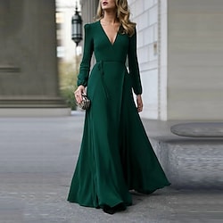 A-Line Minimalist Elegant Wedding Guest Formal Evening Dress V Neck Long Sleeve Floor Length Stretch Chiffon with Pure Color Strappy 2022 Lightinthebox