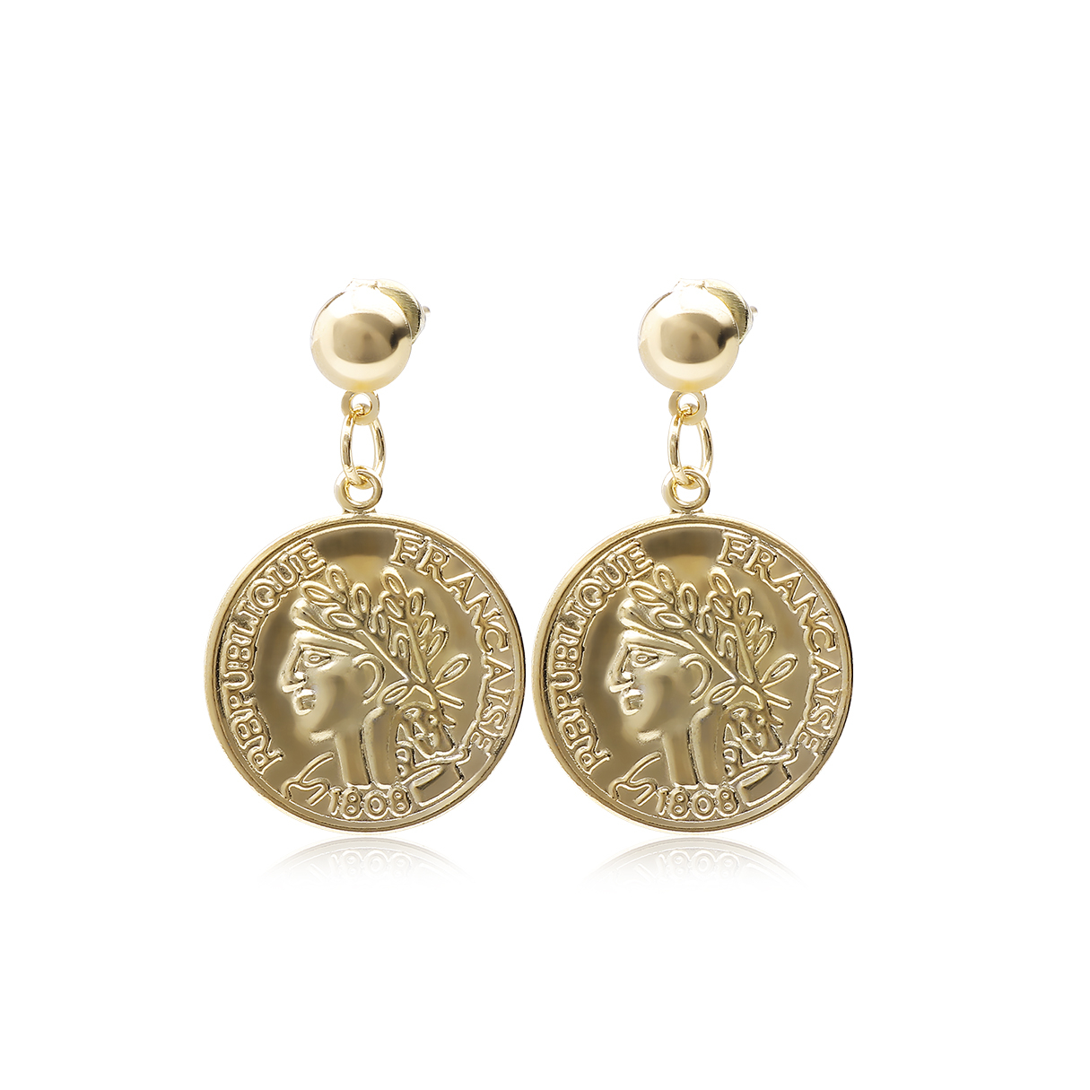 Gold Vintage Coin Detail Drop Earrings