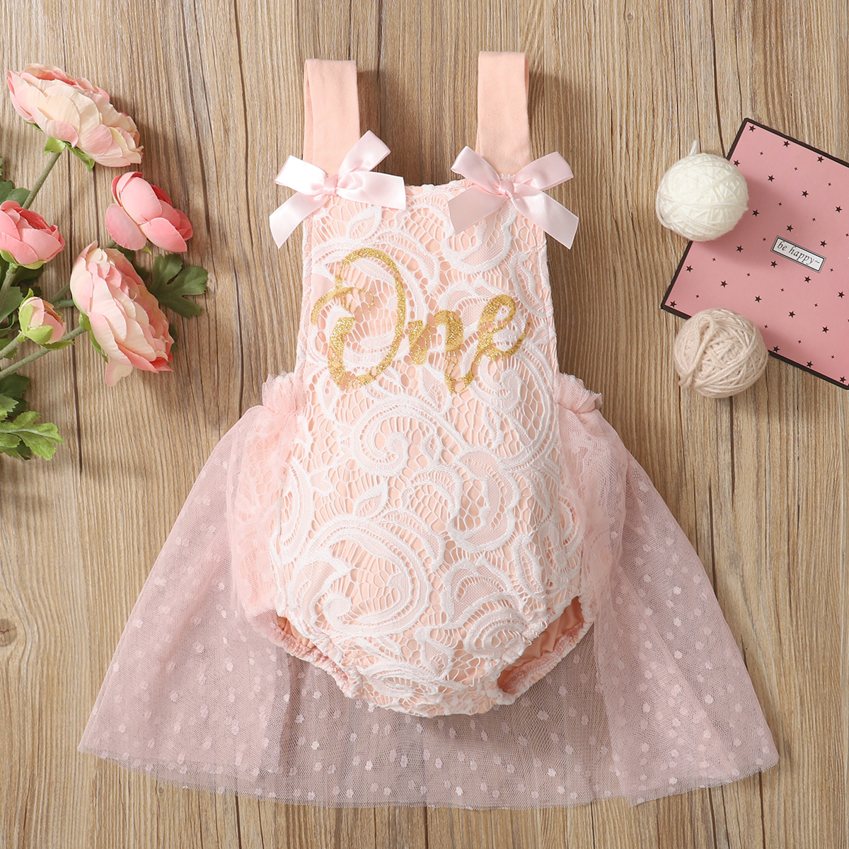 Baby Pink Floral Lace and Mesh Splicing Sleeveless Letter Romper Party Dress