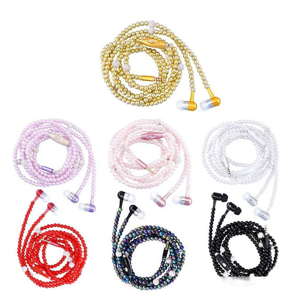 elegant 3.5mm women earphones bling jewelry pearl necklace in-ear headphones earbuds headset 1.2m with mic support for iphone smart phone