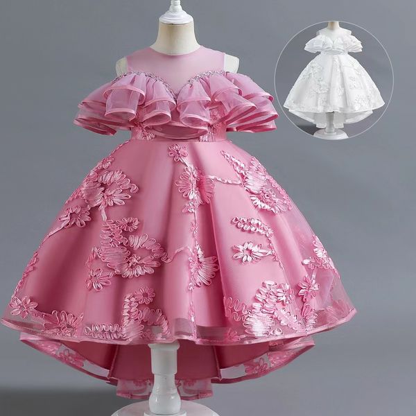 Cheap Pink Lace Flower Girl Dress Bows Children's First Communion Dress Princess Formal Tulle Ball Gown Wedding Party Dress beaded Birthday Gowns
