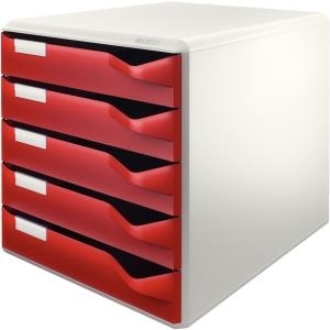 LEITZ Schubladenbox Post-Set, 5 Schübe, lichtgrau-bordeaux für Format DIN A4, Schubladen mit Auszugsstopp, auto- (5280-00-28)