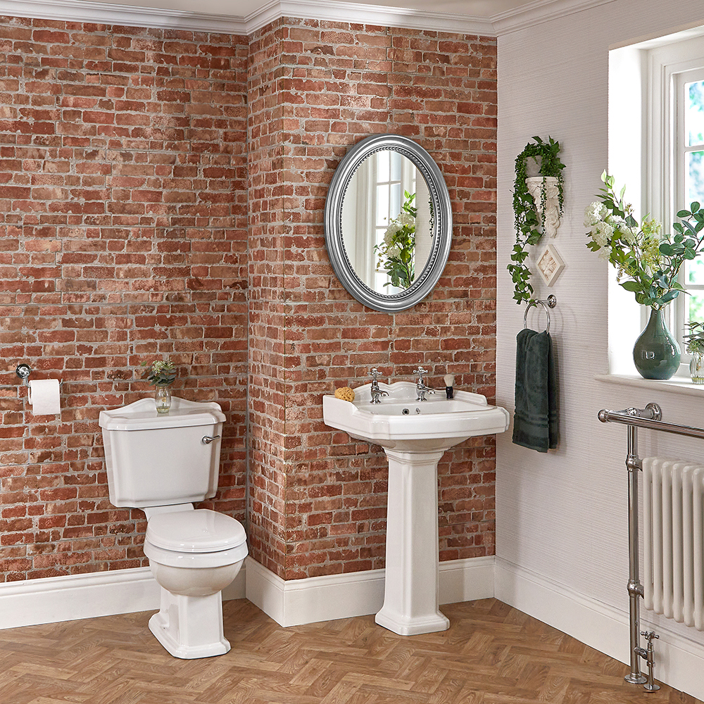 Conjunto de Baño Clásico Completo con Inodoro WC con Cisterna, Lavabo de 2 Agujeros  y Pedestal de Cerámica Blanca con Tapa de WC - Oxford