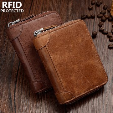 Men RFID Antimagnetic Genuine Leather Zipper Trifold Wallet