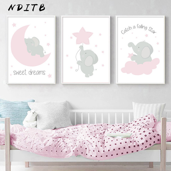 pink elephant star canvas children poster print baby girl nursery wall art picture painting nordic kids bedroom decoration