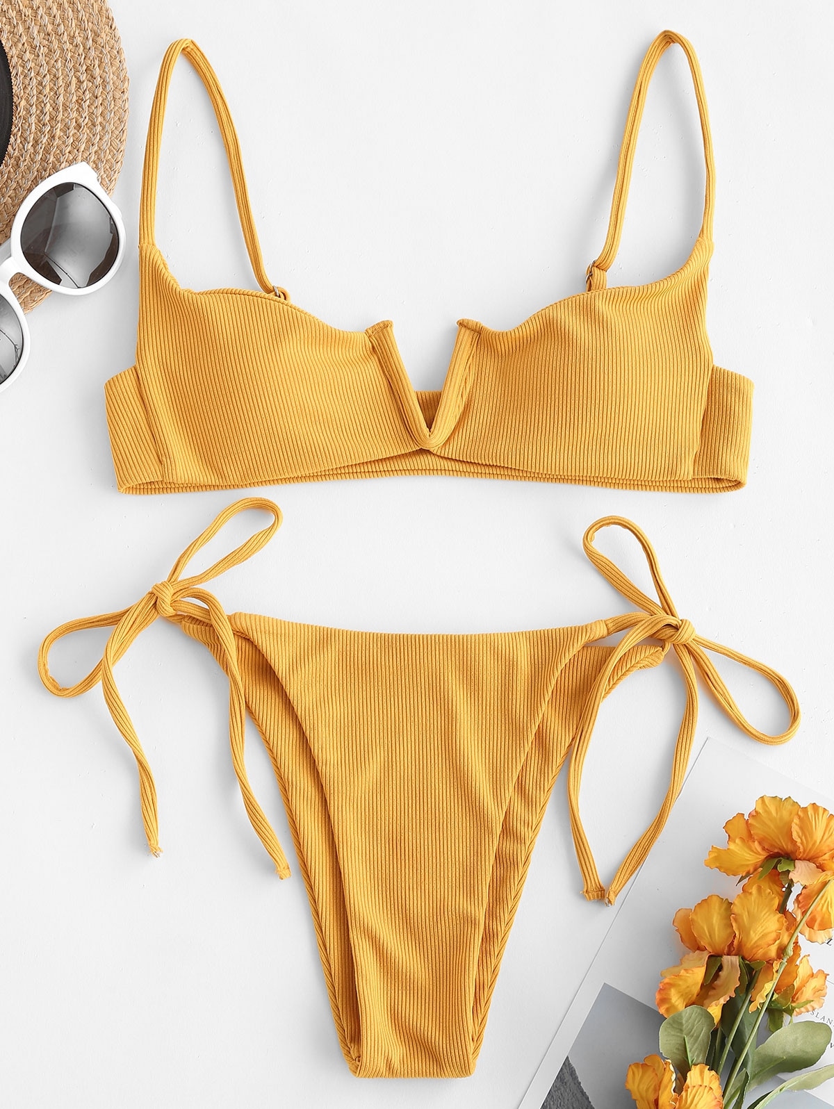 ZAFUL Bikini Badebekleidung mit V Förmigen Rippen und Seitlichem Bindeband M Dunkel gelb