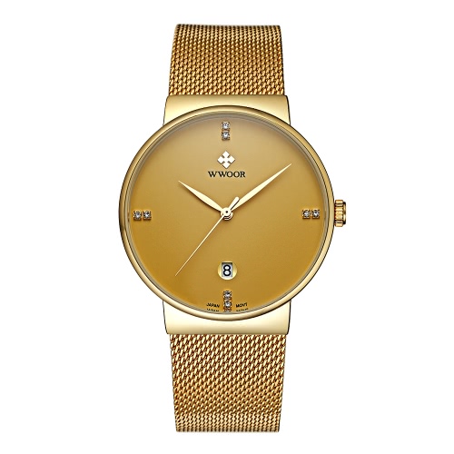 WWOOR Ultra Thin Fashion Luxury Diamond Quartz Ananlog Man Casual Wristwatch Stainless Steel Simplicity Men Decorative Watch + Watch Box