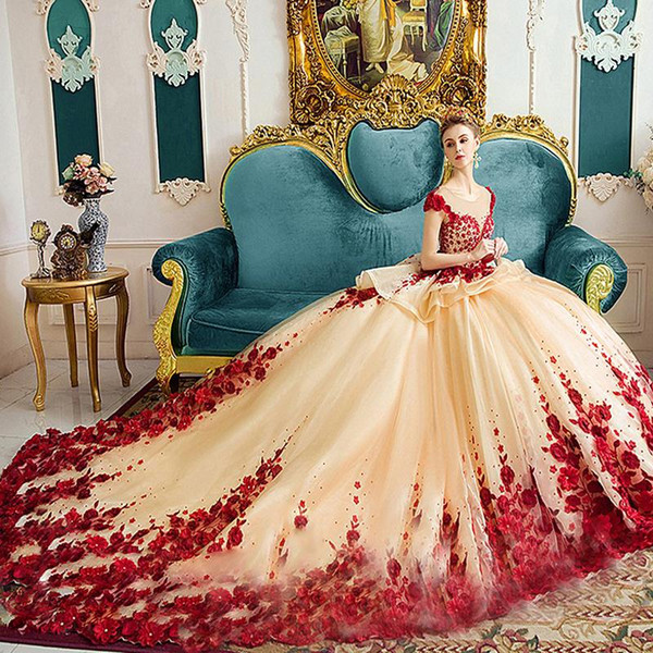 Princess Champagne With Red Flora Quinceanera Dresses Ball Gown Cap Sleeve Sheer Neck Peplum Pageant Gowns For Teens Vestidos de 15 Anos