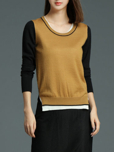 Brown Long Sleeve Reversible Slit Color-block Sweater