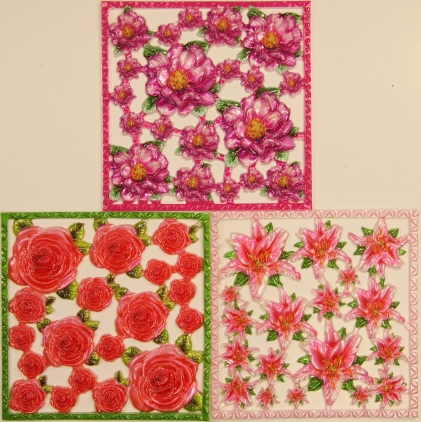 Wachsornament-Platten Blüten, 10 x 10 cm, farbig, 3er Set