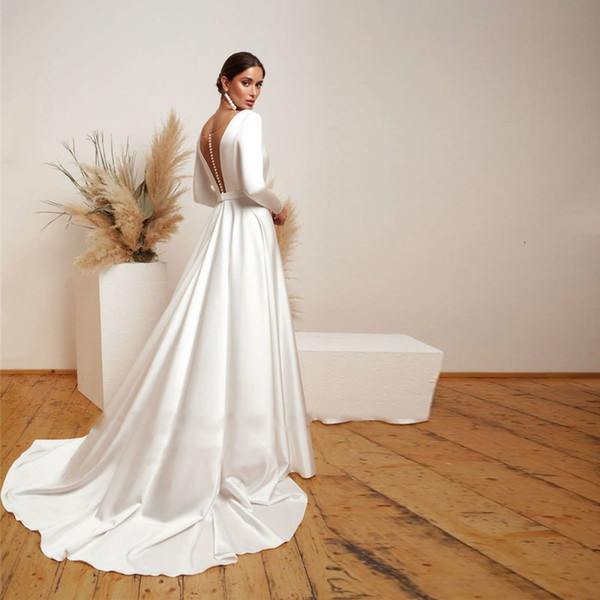 2021 New Dressed Satin Wedding Dresses Sexy Low-cut V-sleeves Long Robes to Be Bathrobe Slit Side C1JC