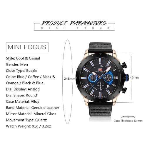 Mini FOCUS Luxury Luminous Quartz Men Casual Wristwatch Water-Proof Chrono Sports Style Man Watches Genuine Leather + Box