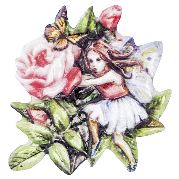 Wachsornament Elfen mit Blüten 7, farbig, geprägt, 7cm