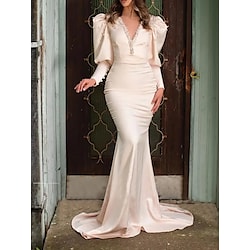 Mermaid / Trumpet Luxurious Elegant Wedding Guest Formal Evening Dress V Neck Long Sleeve Court Train Charmeuse with Buttons Pearls 2022 Lightinthebox