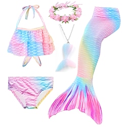 Bikini 5 pièces pour enfants Maillot de bain queue de sirène Cosplay arc-en-ciel imprimé dos nu violet rose vif Costumes de fête Princesse Maillots de bain miniinthebox