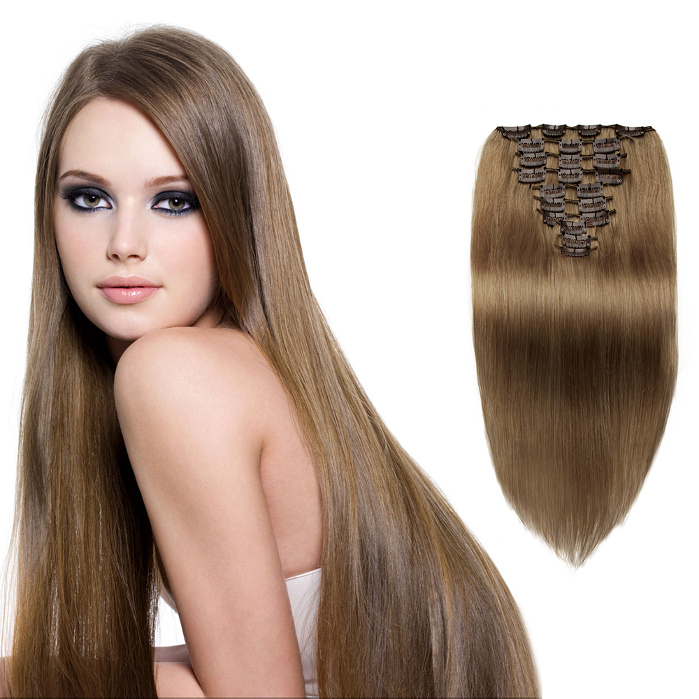 10pcs Straight Clip In Remy Hair Extensions #8 Light Brown