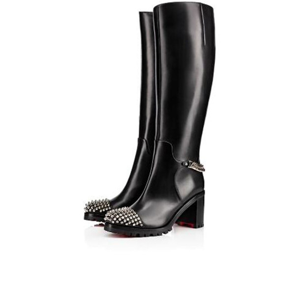 Elegant Winter Fashion Platform Heels Knee Boots Red Bottom Women's Boot Black Genuine Leather With Spikes Bottes Femme With Box