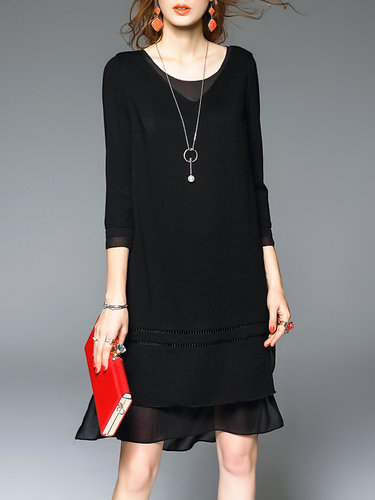 Black Asymmetric 3/4 Sleeve Two Piece Midi Dress