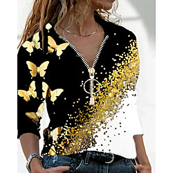 Women's Butterfly Blouse Shirt Butterfly Color Block Long Sleeve Quarter Zip Print V Neck Basic Tops Cotton Blue Green Black Lightinthebox