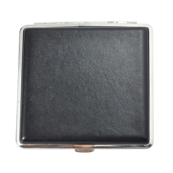 Wholesale- New Hot Sale Black Silver Press Button Faux Leather Metal Cigarette Case Holder