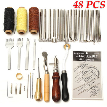 48 Pcs Leather Craft Tools Kit Hand Sewing Stitching Punch Carving Work Saddle