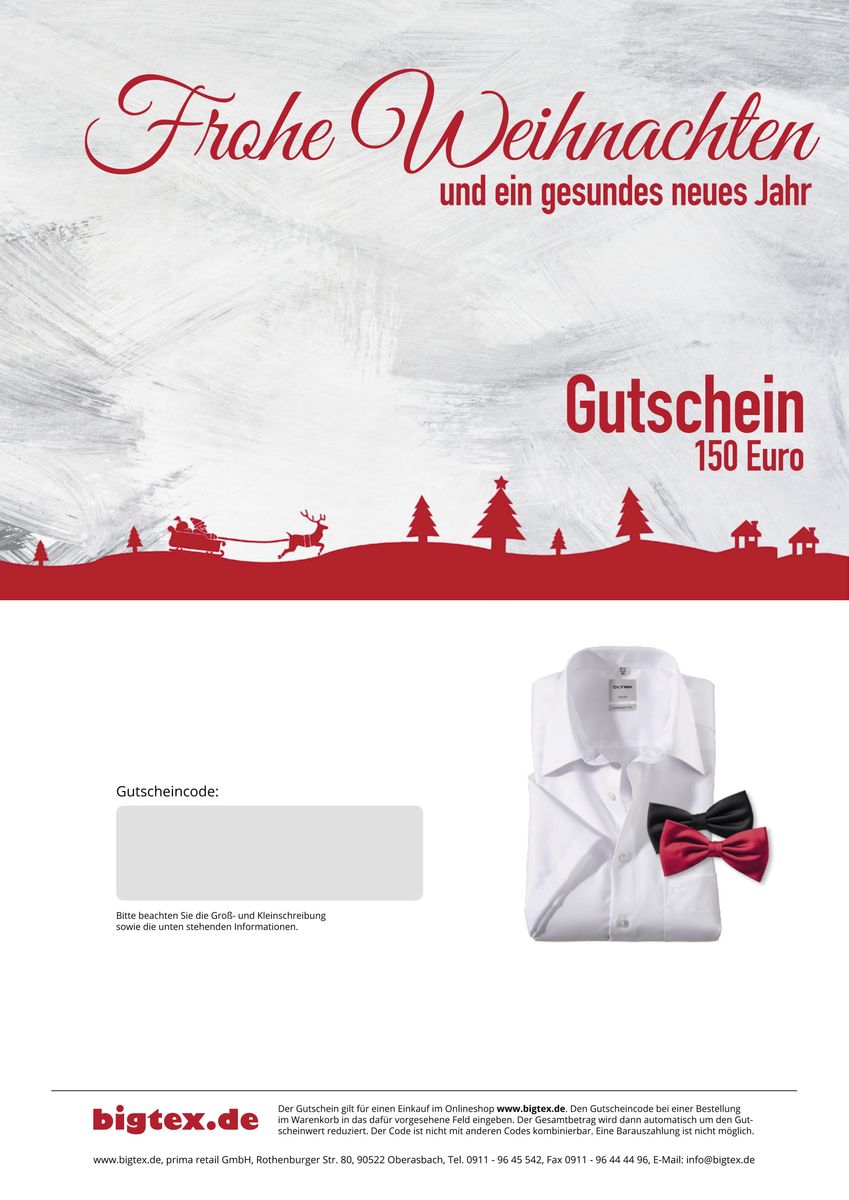 Digitaler Geschenkgutschein (Weihnachten) bigtex.de 150,00 Euro