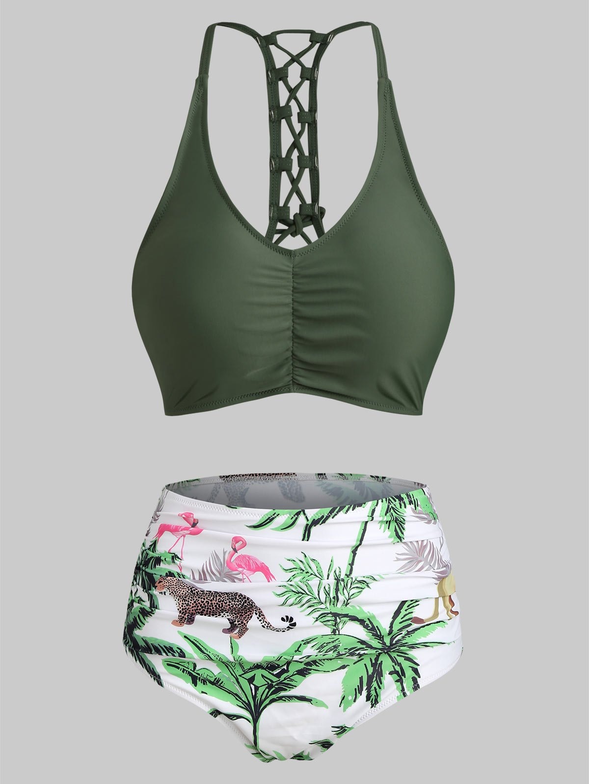 Animal Print Ruched Lace Up Tummy Control Bikini Swimwear