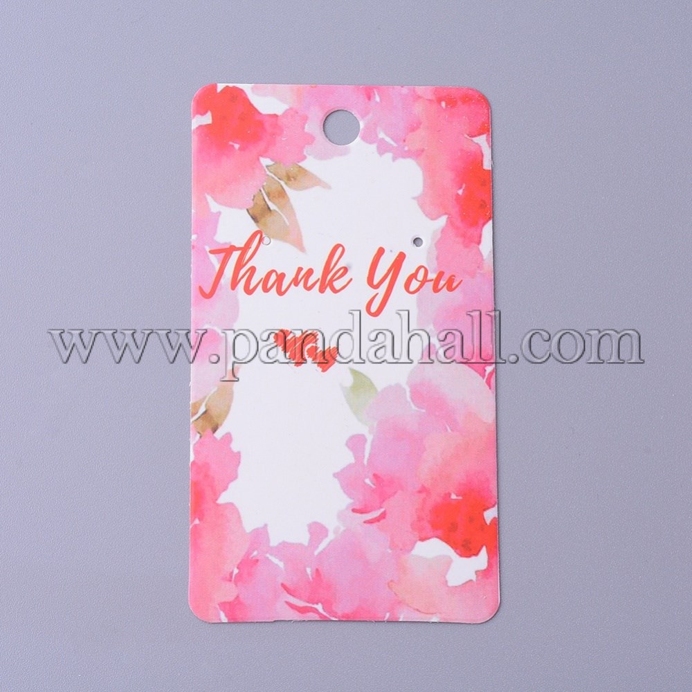 Cardboard Earring Display Cards, Rectangle with Flower & Word Thank You Pattern, HotPink, 9x5x0.04cm, Hole: 1.5mm