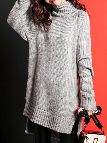 Coffee Knitted Long Sleeve Turtleneck Asymmetric Sweater