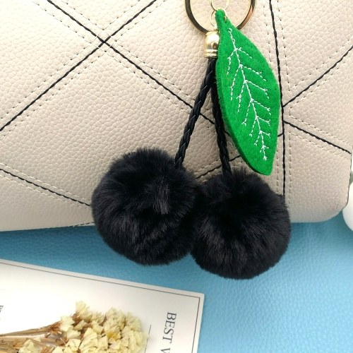 Cherry Key Chain Soft Faux Fur Ball Pompom Key Ring Handbag Purse Car Pendant Ornament Decor--Red