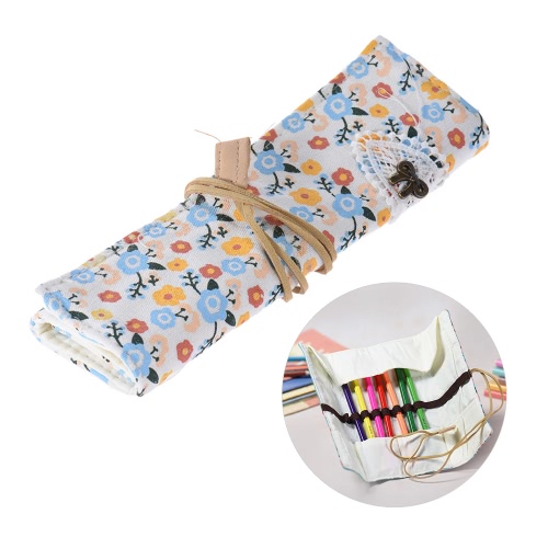 Flower Pattern Canvas Roll Up Makeup Cosmetic Brushes Pen Pencil Bag Case Holder Pouch Stationery Gift for   Girls Students